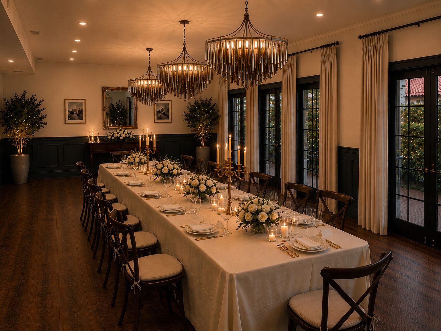 The Drawing Room set for a long-table dinner, with chandeliers and navy wainscoting