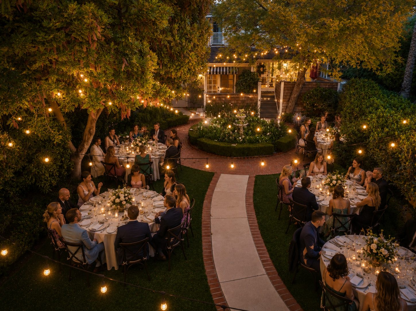 Chairs set for a wedding ceremony in the garden at The De La Vina Inn