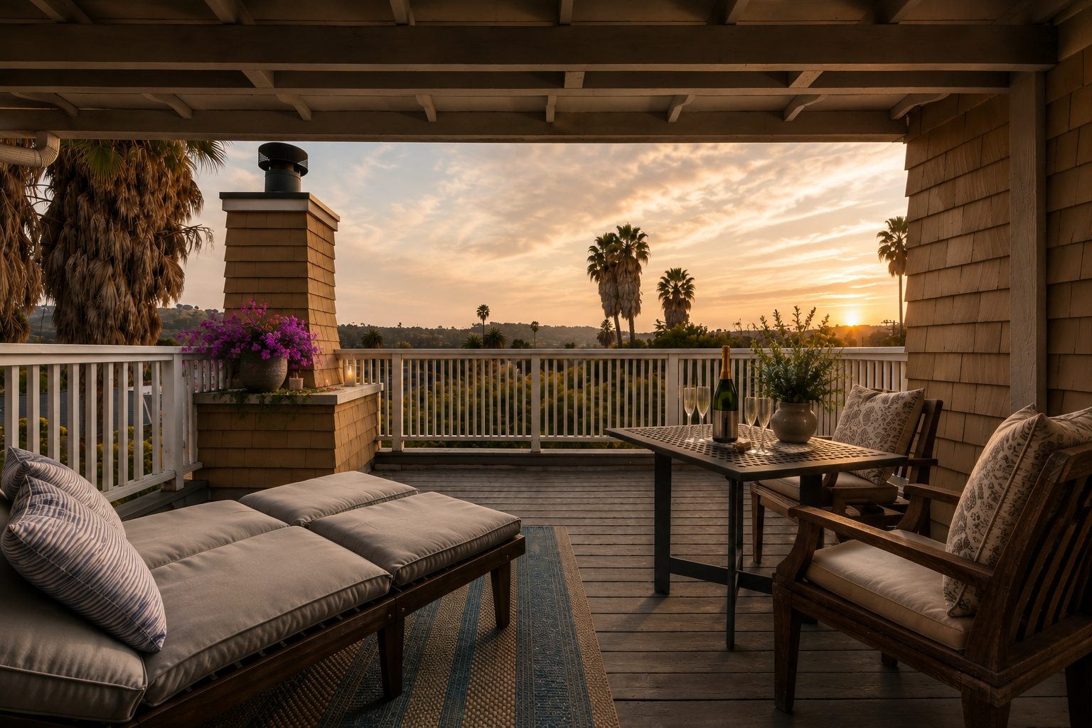 Sunset from the private balcony of the Penthouse Suite at The De La Vina Inn