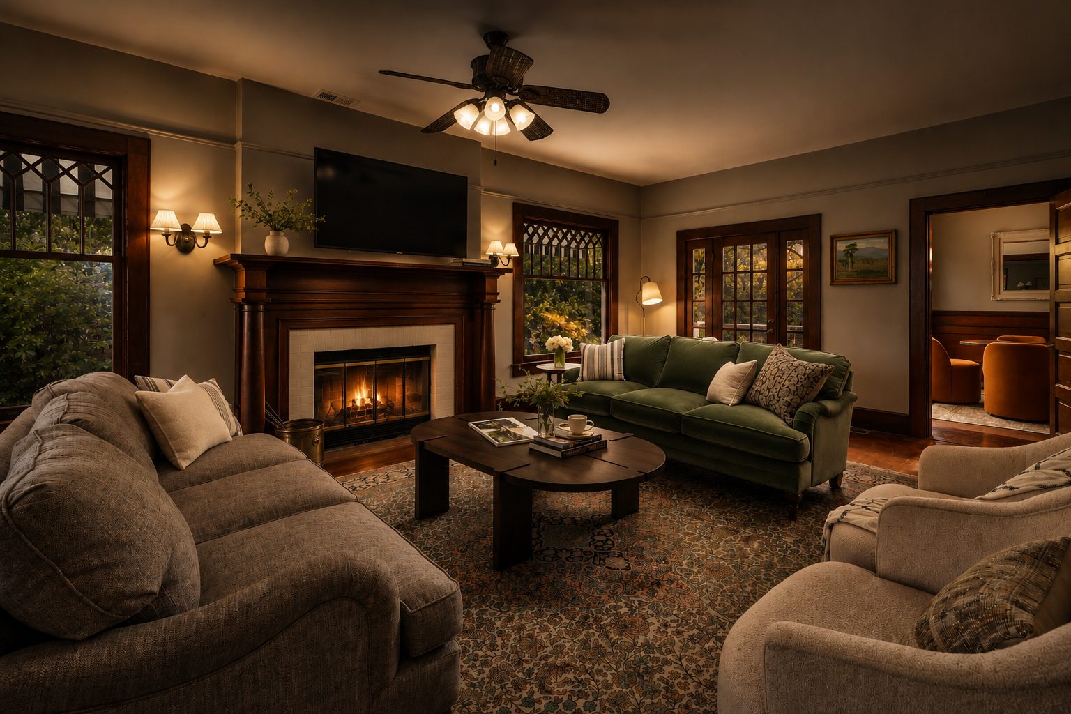 The living room at The De La Vina Inn, with a fireplace and cozy seating
