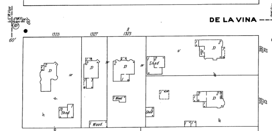 An excerpt of the 1907 Sanborn fire insurance map showing the house at 1323 De La Vina Street